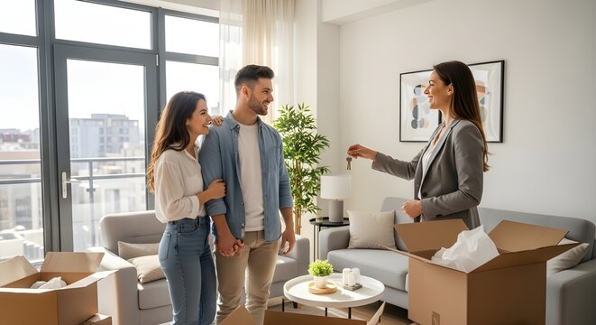 Agente inmobiliario muestra un apartamento nuevo y luminoso a una pareja joven.
 Pareja joven exitosa convirti&eacute;ndose en propietarios de viviendas.
 Chica salta a los brazos de su novio.
 Amplia y lumi