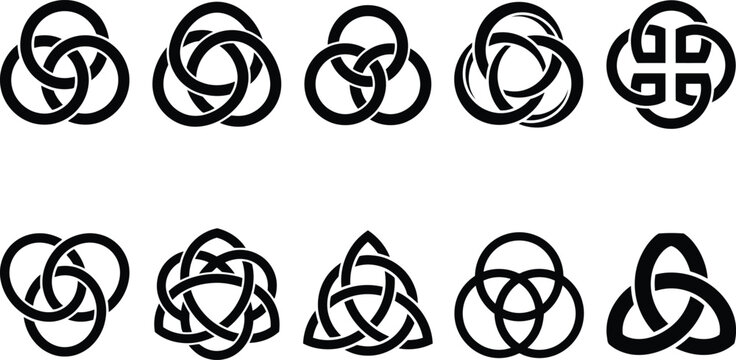 Sammlung von keltischen Knotenmustern und Symbolen in Schwarz-Wei&szlig;-Darstellung, die verschiedene ineinander verschlungene Designs zeigen.
