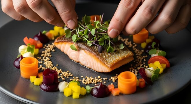 El chef adorna el filete de at&uacute;n a la parrilla con microgreens y elementos culinarios.
 Excelente presentaci&oacute;n gastron&oacute;mica con ingredientes frescos y atenci&oacute;n al detalle en un plato oscuro.