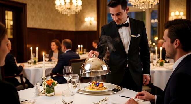Camarero de restaurante profesional llevando un plato gourmet en un ambiente elegante con vasos