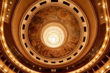 Obraz premium Grand ornate theater ceiling with a magnificent crystal chandelier and detailed fresco artwork above.
