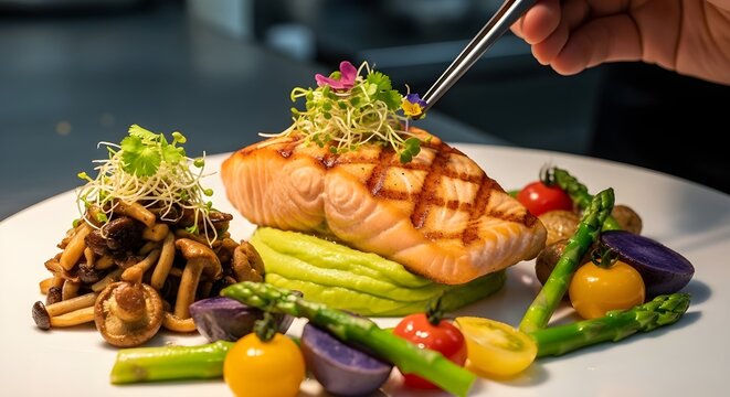 Plato elegante con pescado chamuscado, pur&eacute; de guisantes, colmenillas y vegetales coloridos mientras el chef agrega hierbas con pinzas, perfecto para marcas de restaurantes y editoriales culinarias.