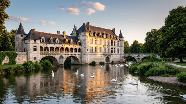 Chateau de Chenonceau Castle on River Cher France Landmark.