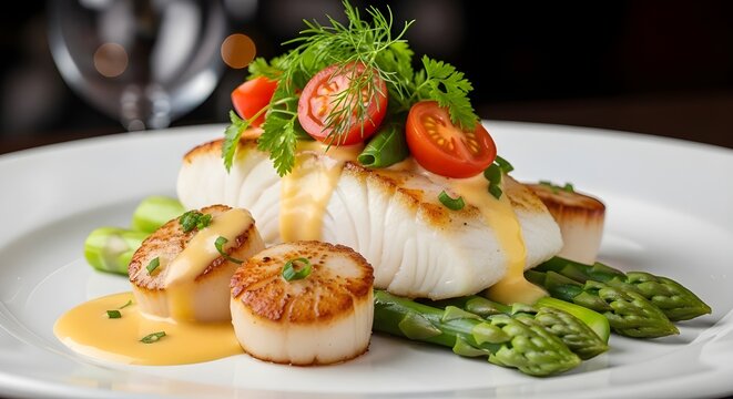 Filete de pescado braseado sobre esp&aacute;rragos y vieiras en una rica salsa amarilla.
 Adornado con tomates cherry y hierbas frescas.
 Presentaci&oacute;n de plato elegante para una buena cena.
 Una elecci&oacute;n de