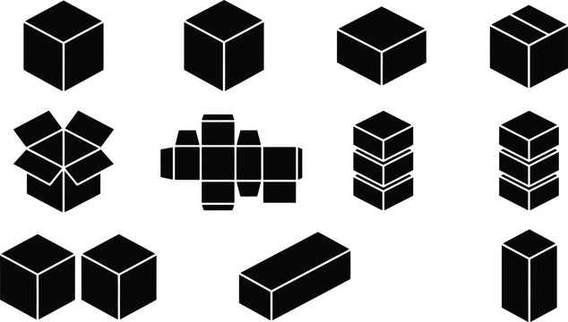 Verschiedene schwarze Silhouetten von Kartons und Verpackungen, darunter geschlossene, offene und gestapelte Boxen sowie ein entfalteter Karton.