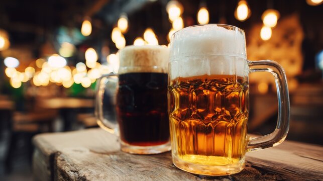 tavern. Glasses of light and dark beer on rustic pub table. bar promotions, beverage menus, packaging labels, designed for product packaging and bar promotions, used by supply chain planners.
