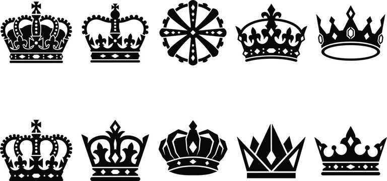 Eine Sammlung von zehn verschiedenen schwarzen Kronen-Vektor-Symbolen auf wei&szlig;em Hintergrund, die k&ouml;nigliche und majest&auml;tische Designs darstellen.