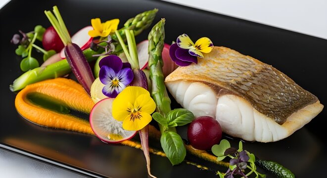 plato gourmet de alta cocina con pescado chamuscado y verduras vibrantes, plato gourmet art&iacute;stico con microgreens y salsa colorida en plato negro, plato moderno de alta cocina con elegante restaurante