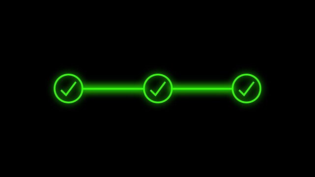 Green Neon Glowing Progress Tracker Animation with Three Steps and Checkmarks. Minimalist UI/UX Concept for Business Milestones, Task Completion, Goals, Success,  Digital Workflow on Black Backgroun