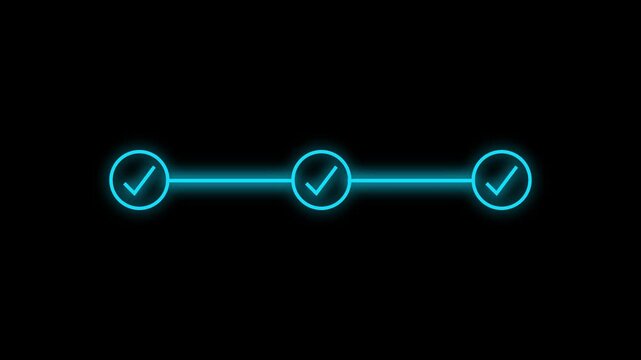 Blue Neon Glowing Progress Tracker Animation with Three Steps and Checkmarks. Minimalist UI/UX Concept for Business Milestones, Task Completion, Goals, Success, and Digital Workflow on Black Backgroun