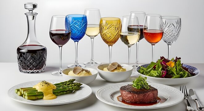 Mesa de cena gourmet con platos de deliciosos bistecs y pescados, combinados con copas de vino tinto y blanco en un elegante restaurante