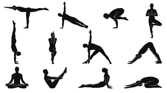 Athletic male yoga silhouettes performing advanced balance and core strength asanas.