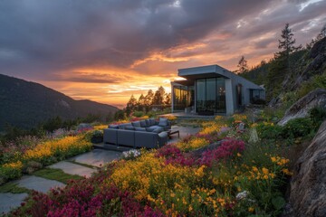 Obraz premium As evening descends, the breathtaking sunset casts vibrant colors over a picturesque valley adorned with blooming flowers, while majestic mountains loom in the distance.