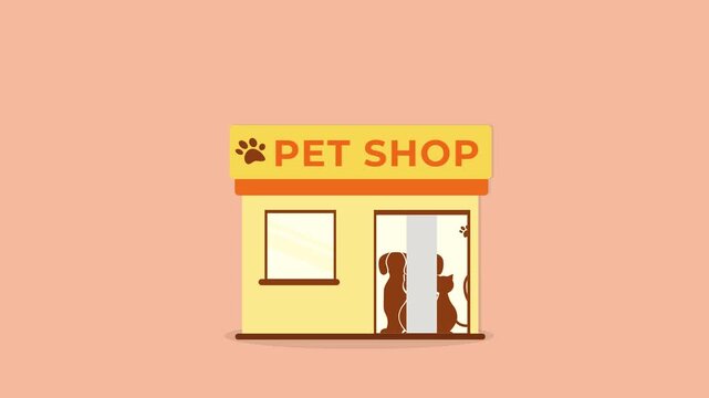 Cute pet store facade with paw icon and glass doors. Animal shop exterior