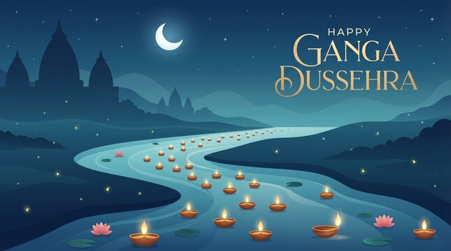 Ganga Dussehra festival night river illustration with floating diya lamps temple silhouette and moonlight spiritual Indian culture background