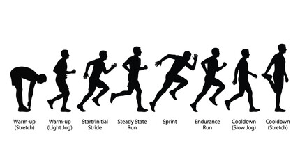 Fototapeta premium Runner in different stages of a race from warm up to cooldown.
