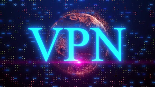 A Futuristic High-tech Cybersecurity Concept Featuring Large Glowing Cyan VPN Text Overlaying A Rotating Digital Particle Globe On A Dark Blue Background With Floating Data Points, Numerical Codes, An