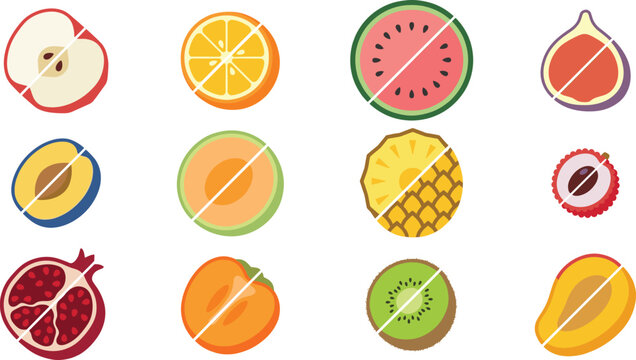 Fruit Slice Icon Set with Diagonal Cut Style Featuring Apple, Citrus, Watermelon, Fig, Peach, Melon, Pineapple, Lychee, Pomegranate, Kiwi, and Mango