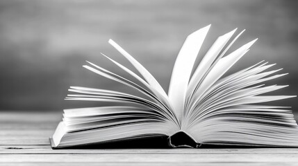 Fototapeta premium Open Book with Fluttering Pages in Monochrome, Education and Knowledge Concept