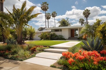 Obraz premium Modern house with garden and pathway set in a sunny area with palm trees and colorful flowers, captured in the afternoon light showing clear skies and vibrant greenery