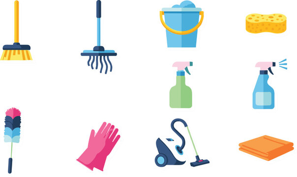 Cleaning tools vector icon set with broom mop vacuum and spray bottles for housekeeping services flat design isolated