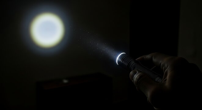 Hand holding flashlight shining on dark wall