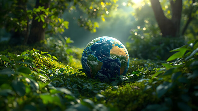 Earth globe resting in lush green forest, sunlight filtering through trees, nature