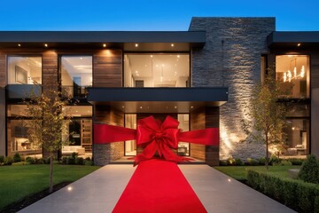 Obraz premium Luxury modern house presented as a gift with a red ribbon and red carpet at dusk