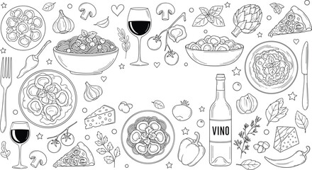 Italian food doodle set with pasta pizza wine mushrooms cheese herbs hand drawn vector illustration collection © Honey!
