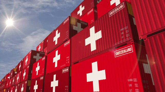 Switzerland export import and production cargo containers in row seamless and looping concept. Swiss flag industrial shipping box 3d loop.
