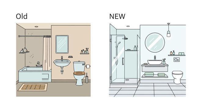 A visual comparison of an outdated bathroom design versus a modern renovated bathroom space silhouette high quality professional detailed modern elegant stylish