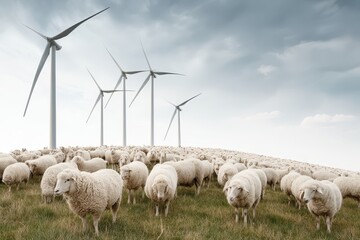 Fototapeta premium Flock of fluffy sheep grazing peacefully in a field with towering wind turbines under a cloudy sky.