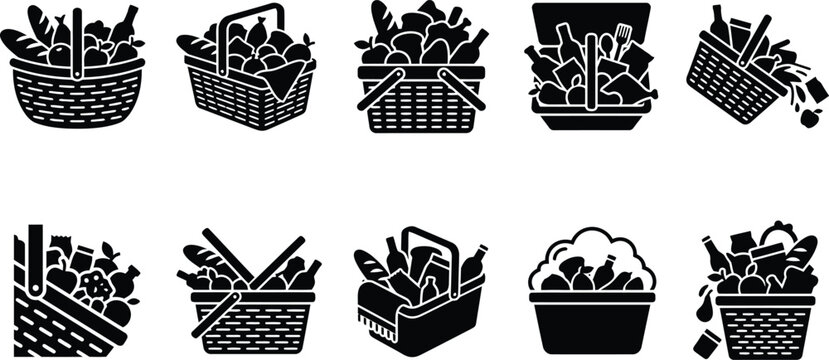 Zehn Schwarz-Wei&szlig;-Symbole von Picknickk&ouml;rben und Einkaufsk&ouml;rben, gef&uuml;llt mit Lebensmitteln und Getr&auml;nken wie Flaschen und Brot, einige &uuml;berf&uuml;llt oder kippend.