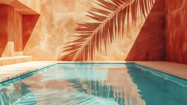 Minimalist poolside scene with sharp palm leaf shadows on a textured terracotta wall.