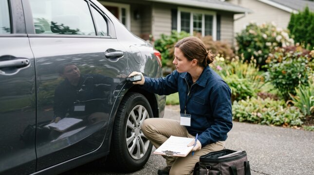 Insurance inspector examining vehicle body dents outdoors in a residential driveway focusing on scratched paint while the house and plants remain out of focus.