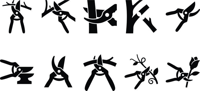 Umfangreiches Silhouette Vektor Icon Set von Gartenscheren und Astscheren beim pr&auml;zisen Schneiden von &Auml;sten, Rosen und Pflanzen f&uuml;r moderne Gartenarbeit und professionelle Landschaftsbau Projekte.