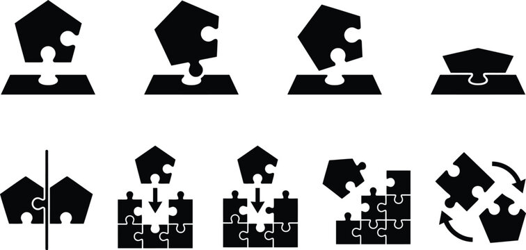 Verschiedene Puzzleteil-Icons, die das Zusammensetzen, Drehen, Teilen und die Integration von Elementen darstellen.