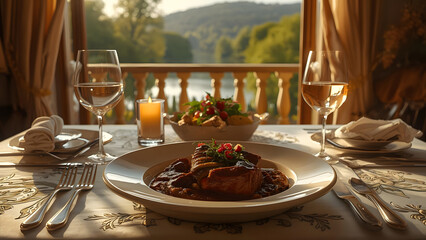 Fototapeta premium Elegant Dinner Table Setting with Gourmet Meal and Wine, Scenic View