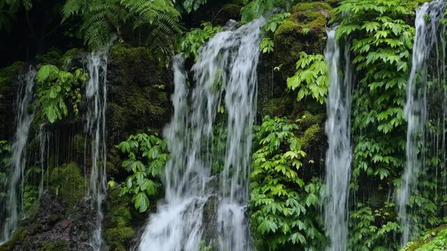 Serene Rural Landscape. Gentle Waters Nurture Lush Surroundings. Flowing Cascades Amid Greenery Create Tranquility. Waterfalls Cascade Over Mossy Terraces Within Rural Scenery