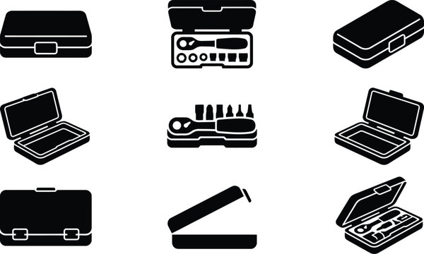 Verschiedene schwarze Silhouetten von Werkzeugk&auml;sten und Werkzeugsets, einige offen, andere geschlossen, mit verschiedenen Werkzeugen.