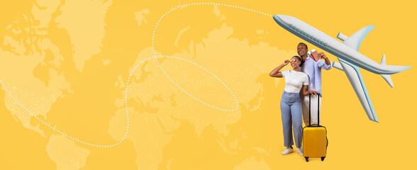 A couple stands together next to a bright yellow suitcase. An airplane flies above them with a map outline in the background. They look excited and ready for their travel adventure. © Prostock-studio