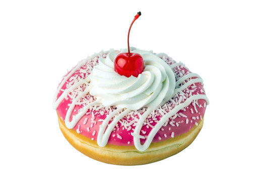 Pink frosted donut with whipped cream and cherry isolated on transparent background