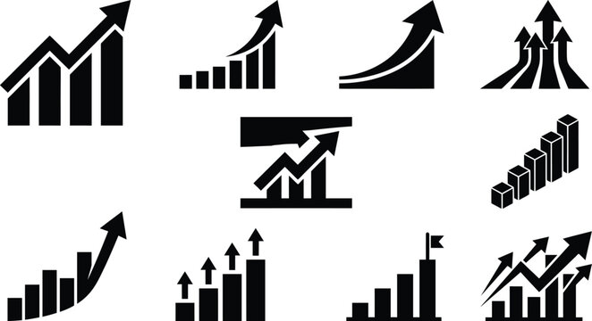 Sammlung von neun schwarzen Icons, die verschiedene Formen von Wachstum, Fortschritt und steigenden Trends in Diagrammen und Pfeilen darstellen.