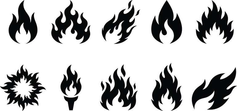 Sammlung von schwarzen Flammen- und Feuersymbolen in verschiedenen Formen und Stilen auf wei&szlig;em Hintergrund.