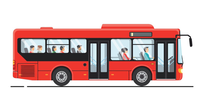 A vibrant red city bus with passengers depicted in a flat graphic style showcasing a distinct silhouette high quality professional detailed