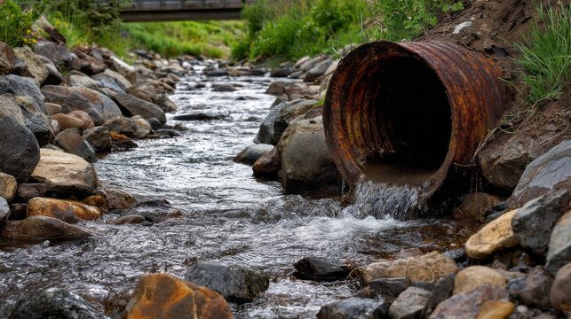Rusty drainage outfall pipe discharging storm water into a rocky creek channel. AI generative