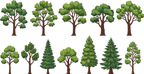 Fototapeta premium Seasonal tree vector set with autumn and winter foliage in paper cut style for nature and environment design