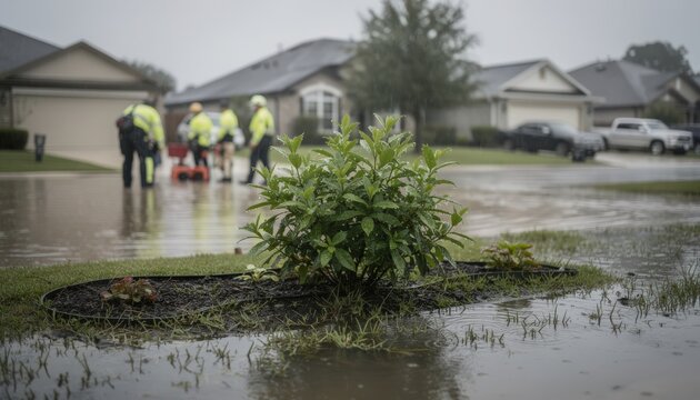 First responders assessing flooded front yards in a quiet culdesac soaked plants at center with distant houses blurred into background.
