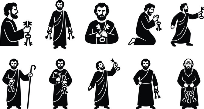 Zehn Schwarz-Wei&szlig;-Silhouetten des Heiligen Petrus, der in verschiedenen Posen die Himmelsschl&uuml;ssel h&auml;lt, mit Bart und traditioneller Kleidung dargestellt.