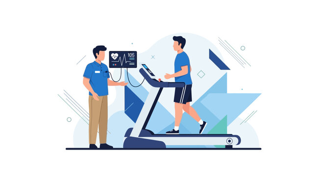 Cardiologist monitoring patient's heart rate during treadmill stress test for health checkup